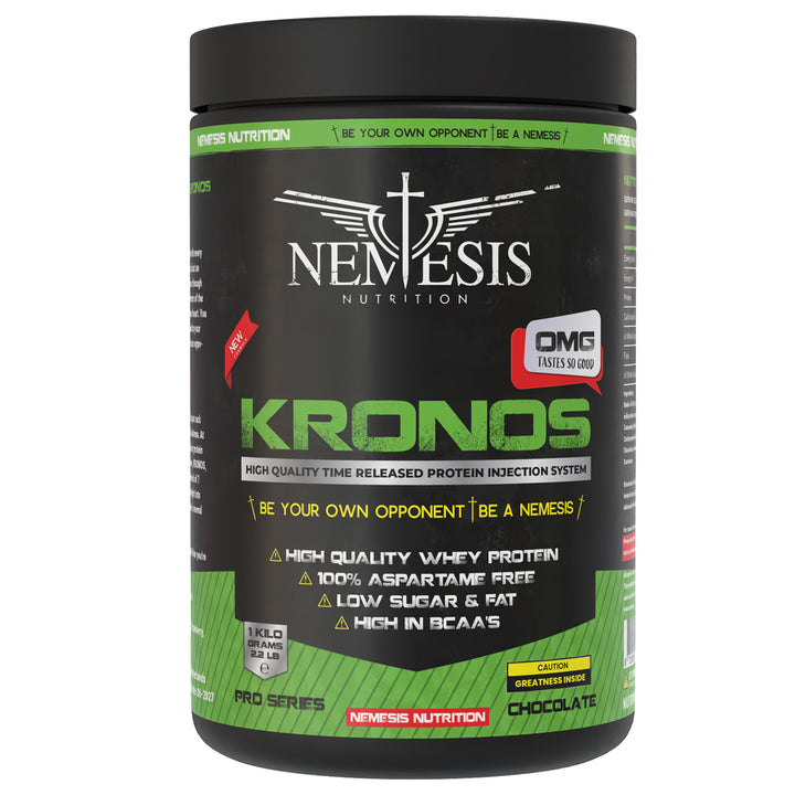 Kronos Whey 7 Proteins by Nemesis Nutrition – 1 kg – 33 servings – 7-source protein blend – available in Strawberry, Banana, Chocolate and Vanilla