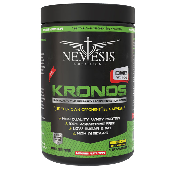 Kronos Whey 7 Proteins by Nemesis Nutrition – 1 kg – 33 servings – 7-source protein blend – available in Strawberry, Banana, Chocolate and Vanilla