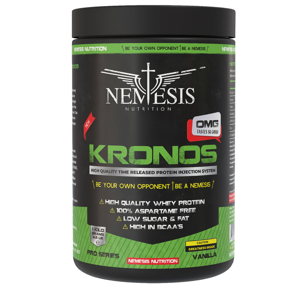 Kronos Whey 7 Proteins by Nemesis Nutrition – 1 kg – 33 servings – 7-source protein blend – available in Strawberry, Banana, Chocolate and Vanilla