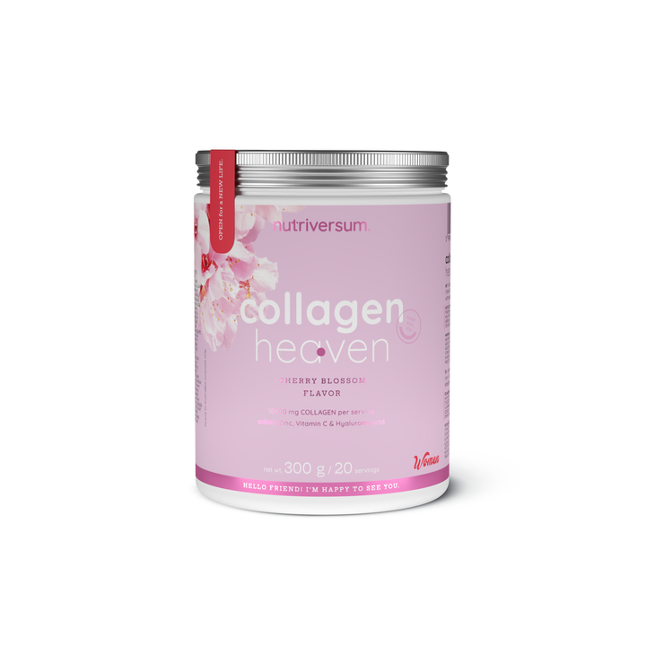 nutriversum, heaven collagen, collagen powder, hydrolyzed collagen, bovine collagen, msm, vitamin c, beauty supplement, skin health, hair nails, joint support, anti aging, 300g, 20 servings, rhubarb strawberry, hibiscus peach, chocolate, pineapple, rose lemonade, pear, strawberry, raspberry, mango, cherry blossom, pina colada, amarena cherry, apple
