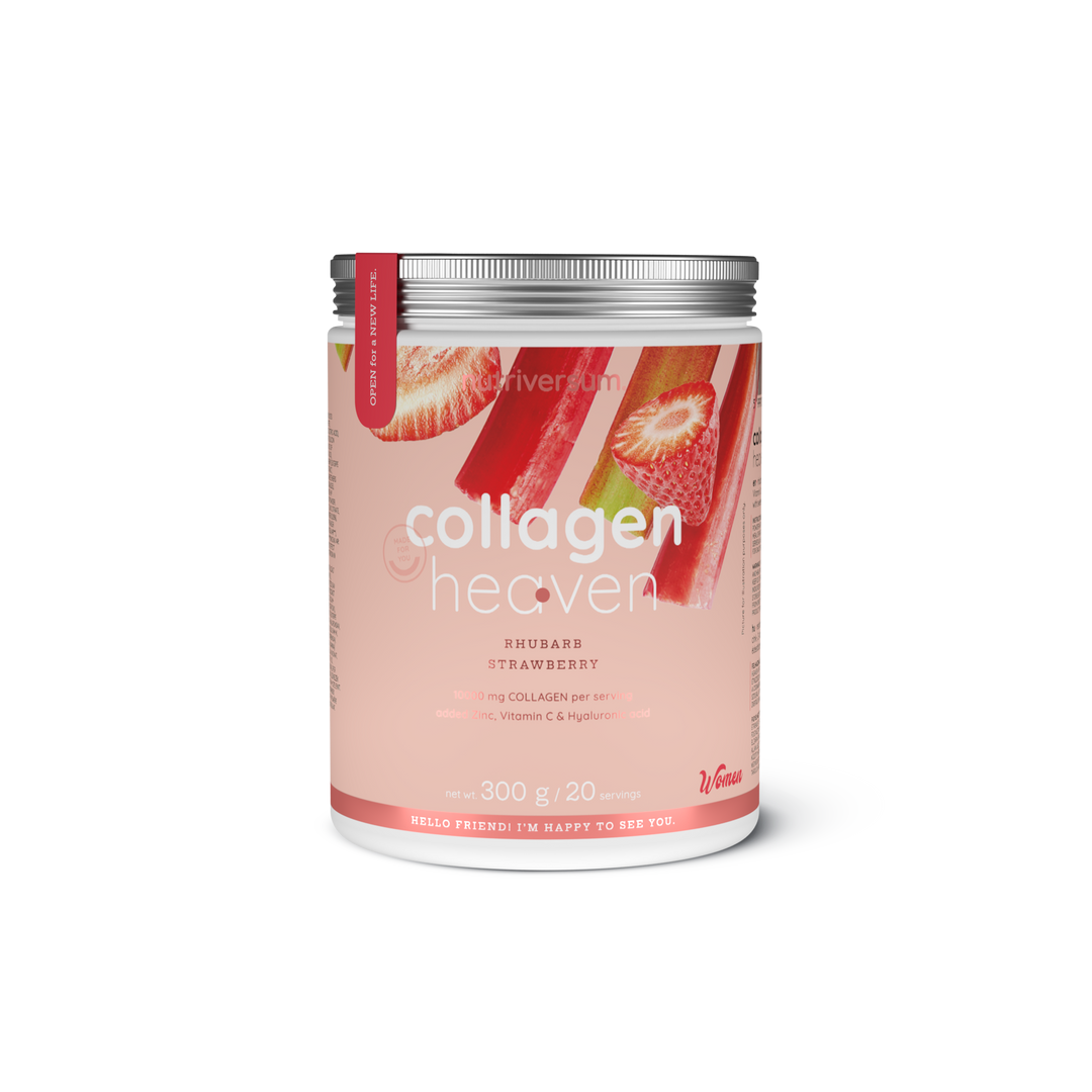 nutriversum, heaven collagen, collagen powder, hydrolyzed collagen, bovine collagen, msm, vitamin c, beauty supplement, skin health, hair nails, joint support, anti aging, 300g, 20 servings, rhubarb strawberry, hibiscus peach, chocolate, pineapple, rose lemonade, pear, strawberry, raspberry, mango, cherry blossom, pina colada, amarena cherry, apple