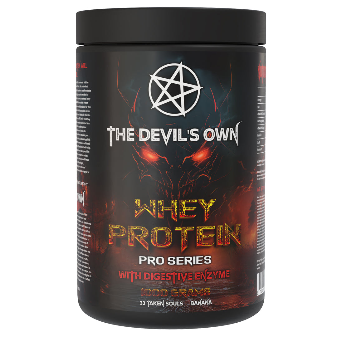 The Devil’s Own Whey Protein – 1 kg protein powder, available in Strawberry, Banana, Vanilla, Chocolate Milkshake and Cookies & Cream flavors