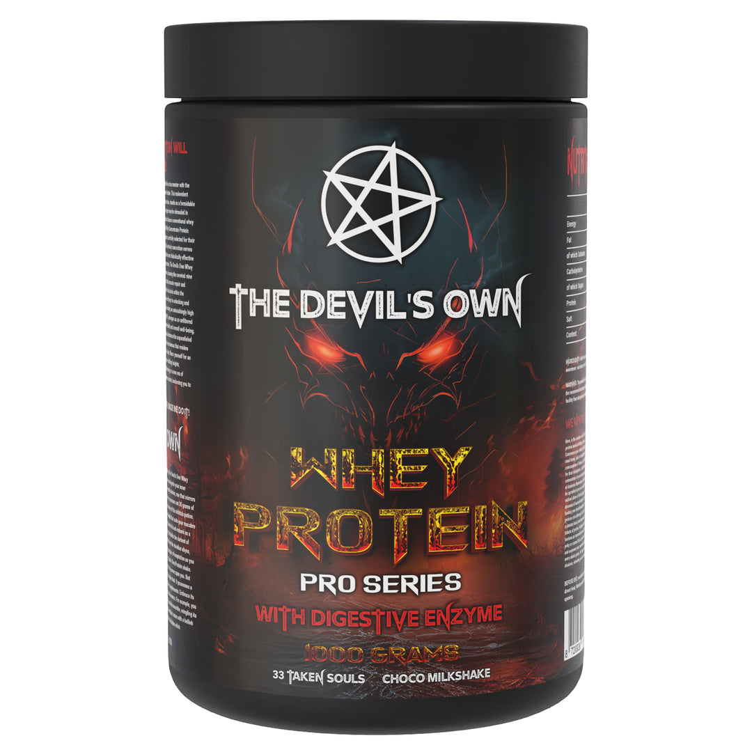 The Devil’s Own Whey Protein – 1 kg protein powder, available in Strawberry, Banana, Vanilla, Chocolate Milkshake and Cookies & Cream flavors