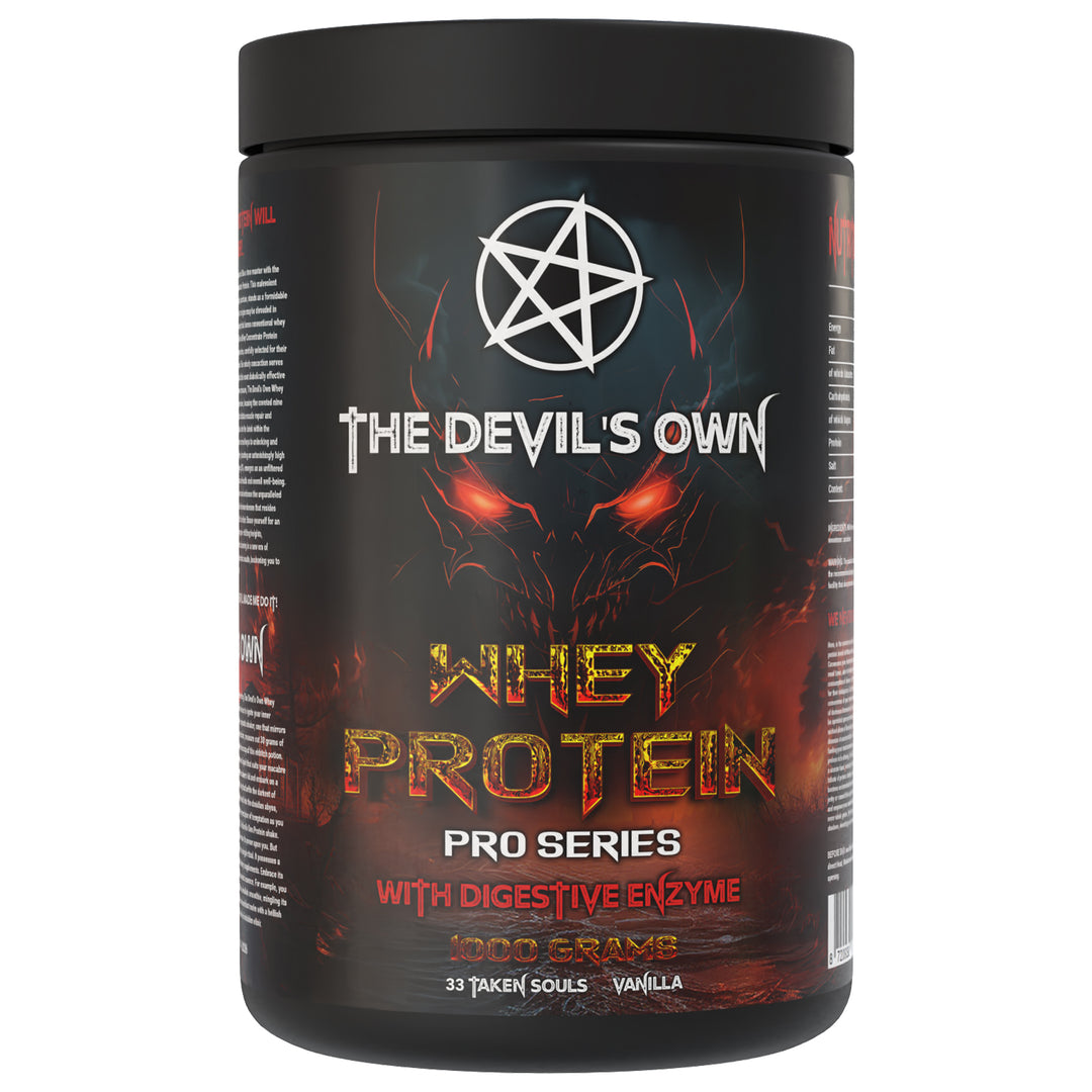The Devil’s Own Whey Protein – 1 kg protein powder, available in Strawberry, Banana, Vanilla, Chocolate Milkshake and Cookies & Cream flavors