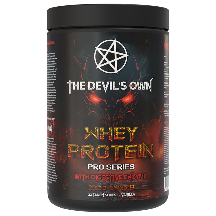 The Devil’s Own Whey Protein – 1 kg protein powder, available in Strawberry, Banana, Vanilla, Chocolate Milkshake and Cookies & Cream flavors