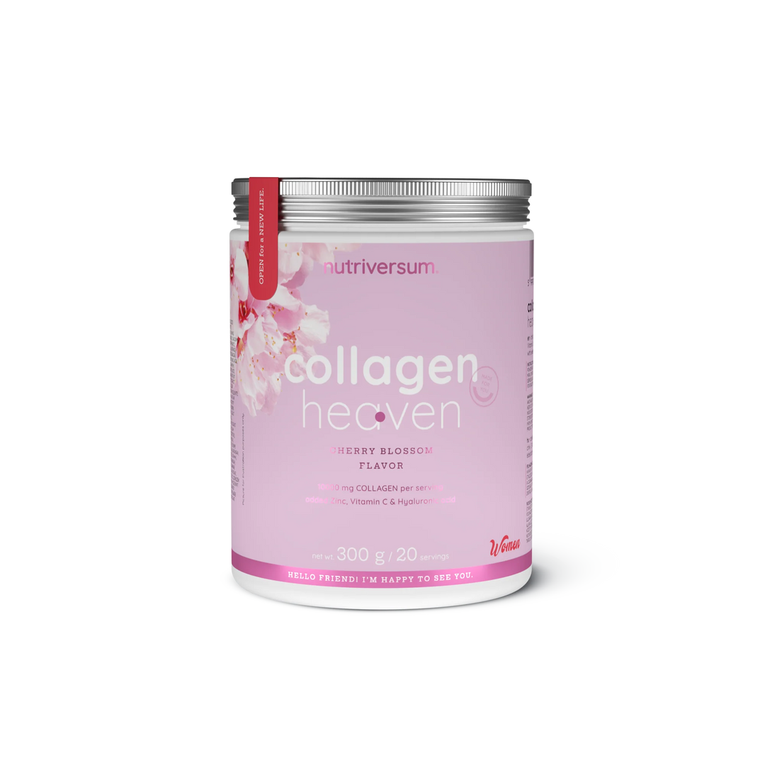 nutriversum, heaven collagen, collagen powder, hydrolyzed collagen, bovine collagen, msm, vitamin c, beauty supplement, skin health, hair nails, joint support, anti aging, 300g, 20 servings, rhubarb strawberry, hibiscus peach, chocolate, pineapple, rose lemonade, pear, strawberry, raspberry, mango, cherry blossom, pina colada, amarena cherry, apple