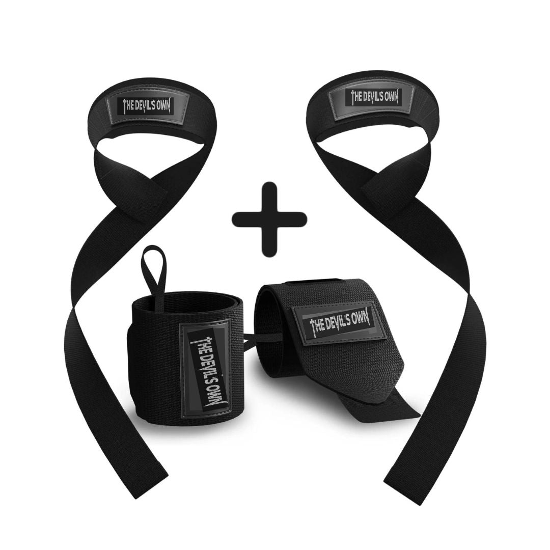Dem Teufel gehört | Kombipaket mit 2 Stuk Polsband und 2 Stuks Lifting Strapss, CrossFit, Krachttraining – Versteviging & Versterking Polsen – Polsbandage Wrist Wraps – Handstütze in der Farbe Schwarz