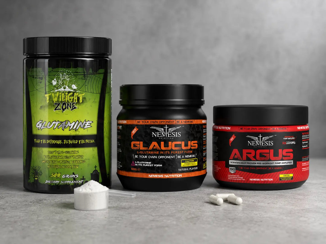 Amino acid supplements: TwilightZone Glutamine, Nemesis Glaucus and Argus with a scoop of powder and capsules