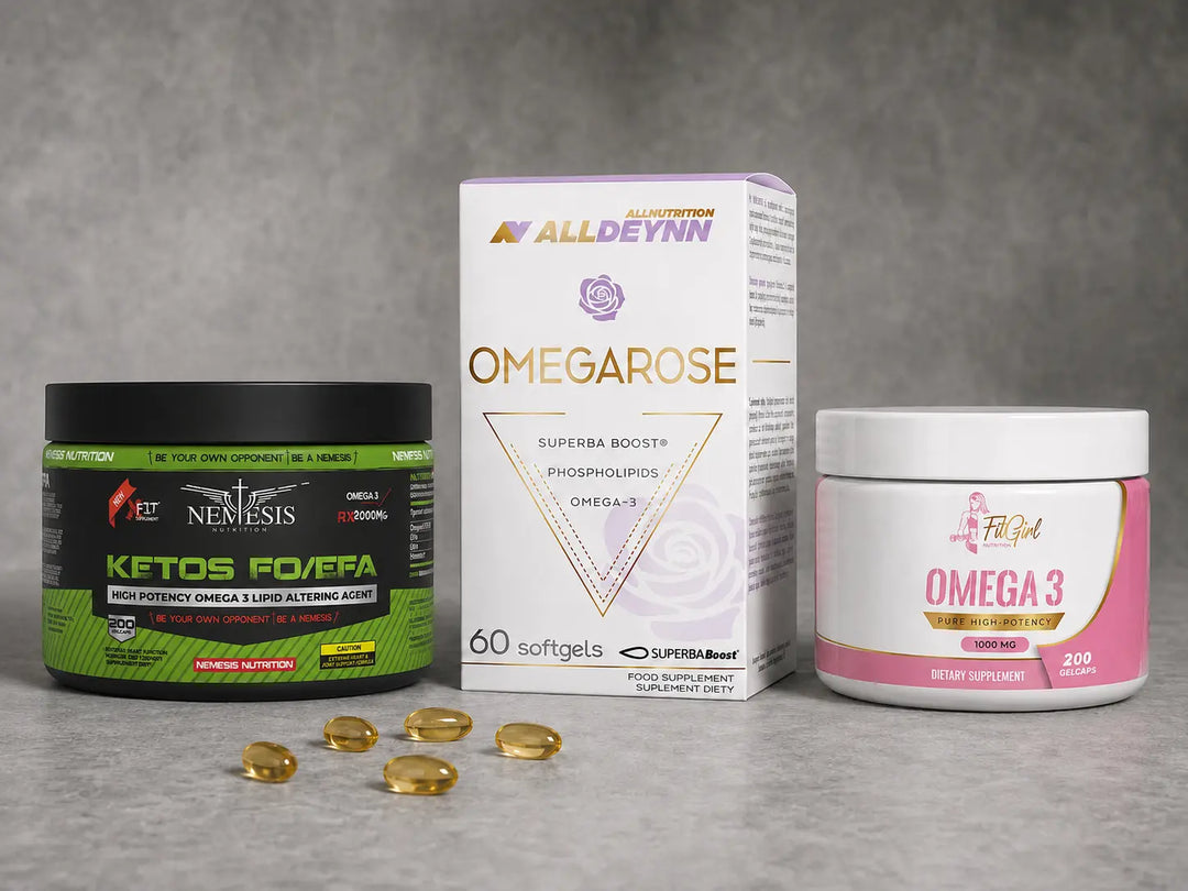 Nemesis Ketos, ALLDEYNN Omegarose and FitGirl Omega-3 with golden softgels