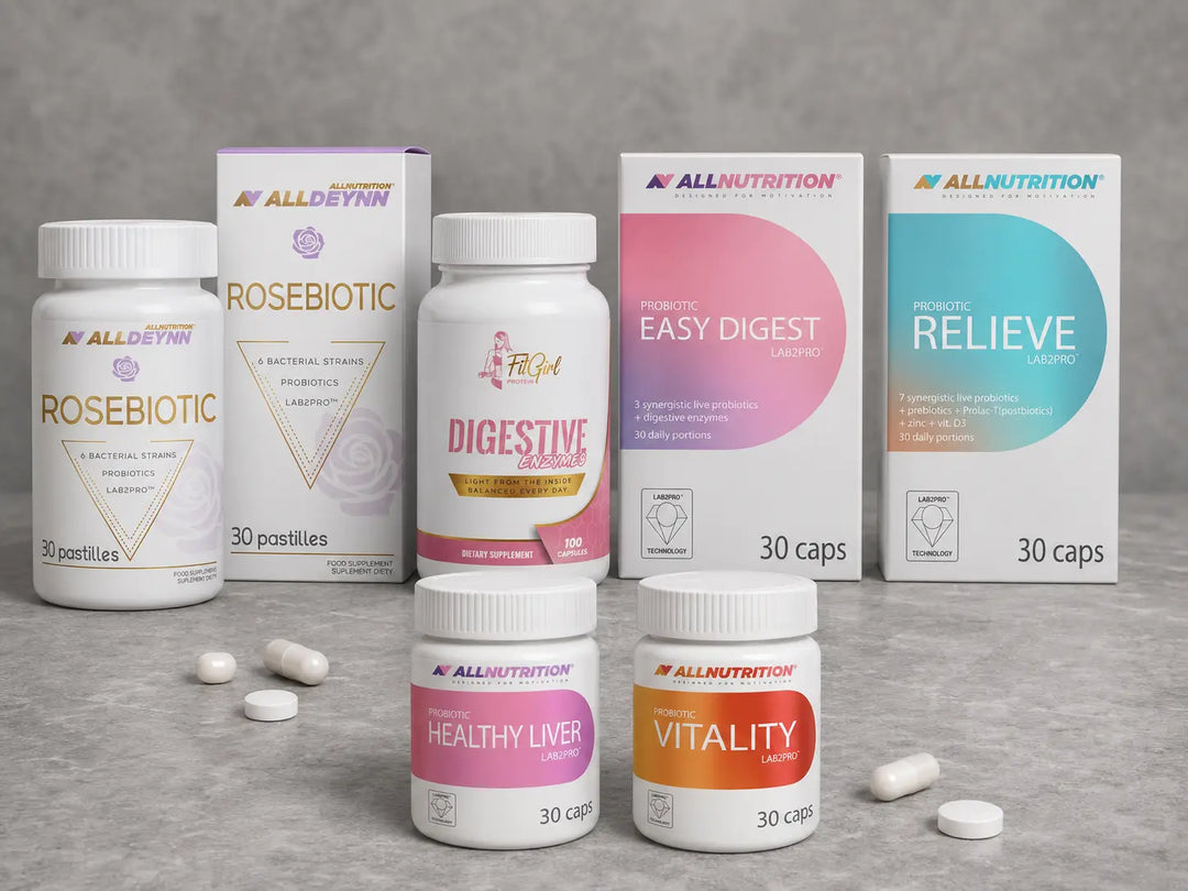 Probiotic supplements from ALLDEYNN and ALLNUTRITION alongside FitGirl Digestive Enzymes on a grey background