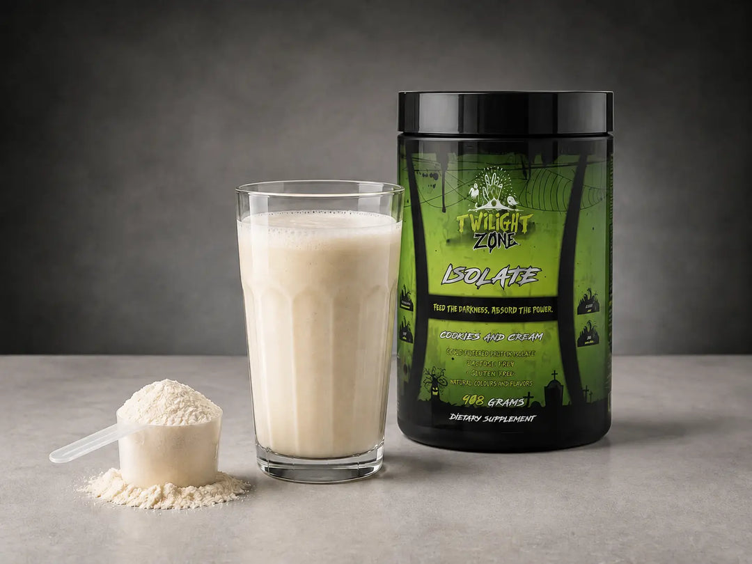 Protein supplements: TwilightZone Nutrition Isolate with a protein shake and scoop of powder