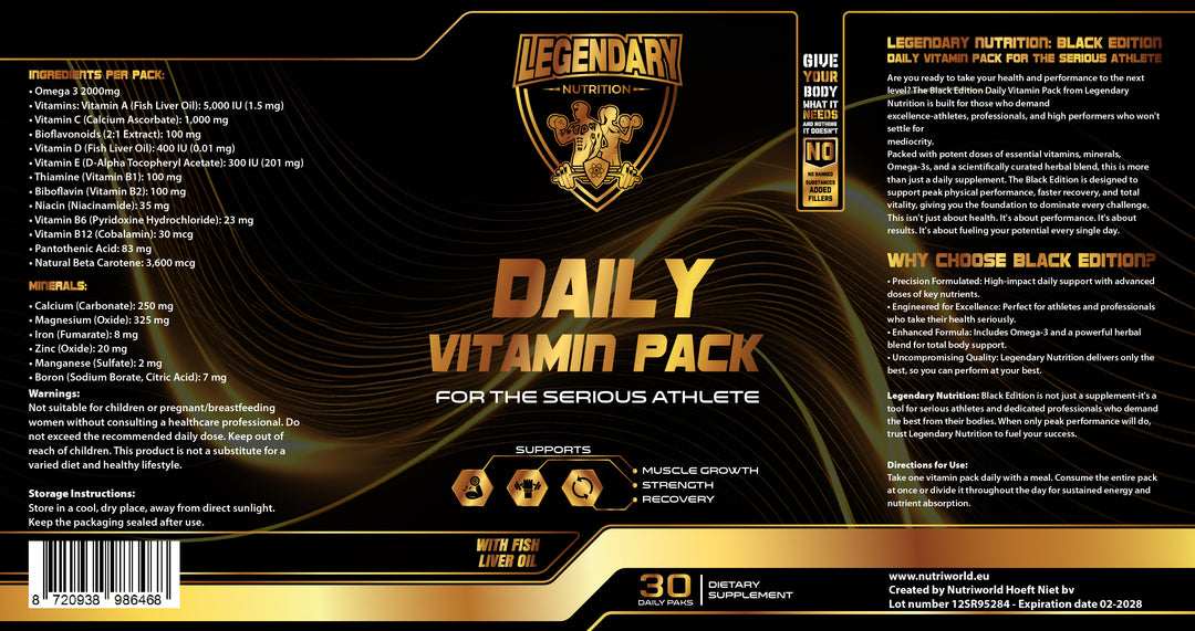 Daily Vitamin Pack Legendary Nutrition Black Edition label 30 sachets