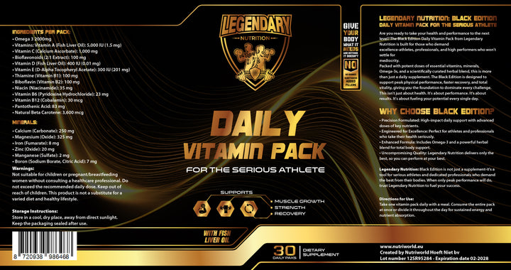 Daily Vitamin Pack Legendary Nutrition Black Edition label 30 sachets