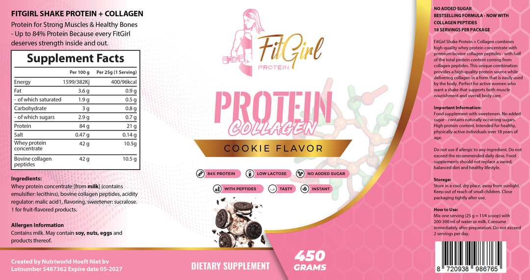 Whey Protein with Collagen – FitGirl Protein + Collagen label 450g with ingredients and supplement facts
