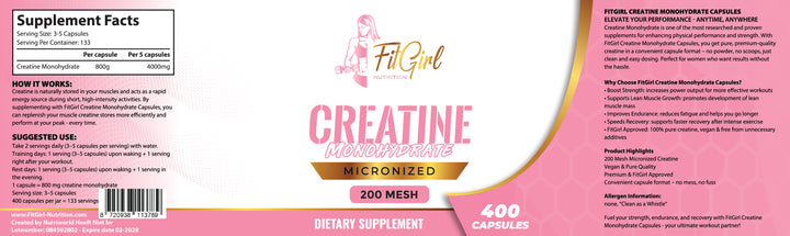 FitGirl Creatine Monohydrate Capsules supplement label with nutritional information