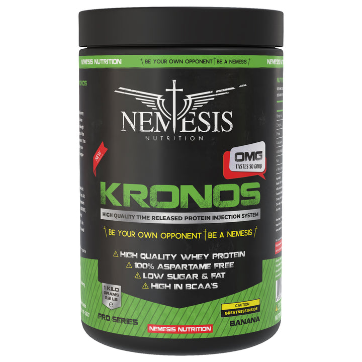 Kronos Whey 7 Proteins by Nemesis Nutrition – 1 kg – 33 servings – 7-source protein blend – available in Strawberry, Banana, Chocolate and Vanilla