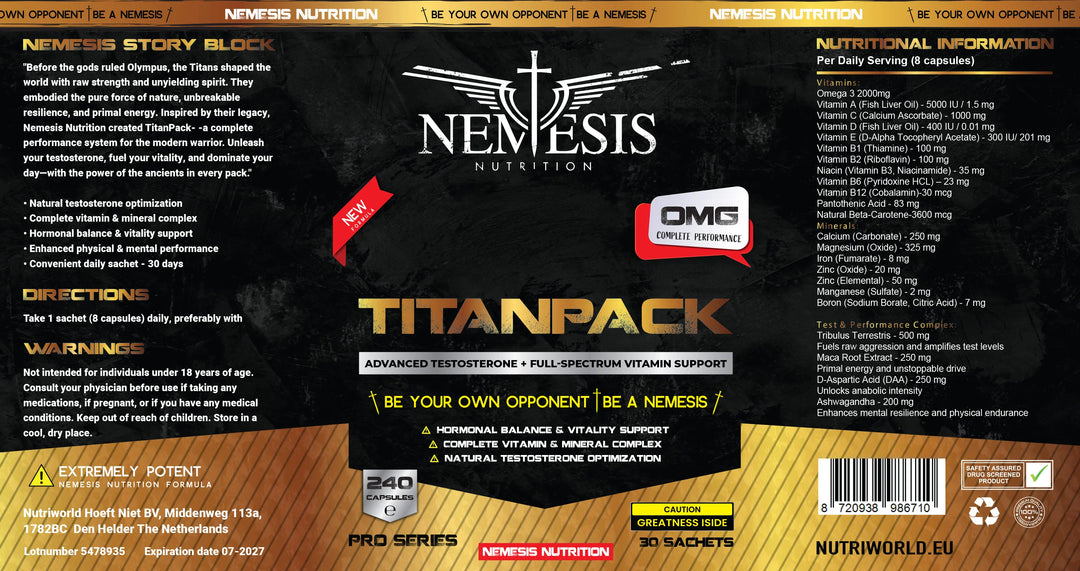 Nemesis Nutrition Titan daily vitamin pack label 30 sachets verpakking