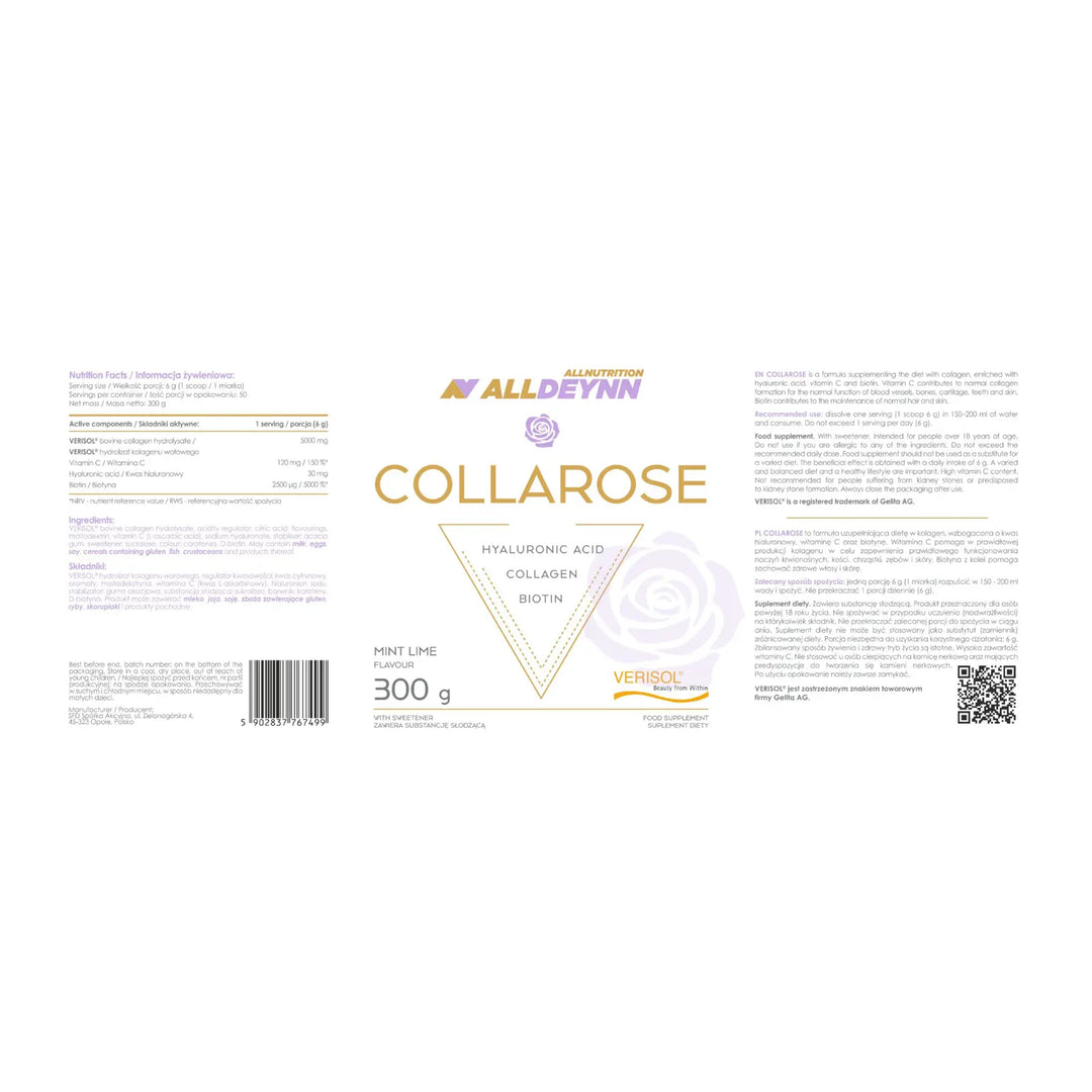 Bovine Collagen Powder – ALLDEYNN COLLAROSE label 300g with ingredients and active ingredients