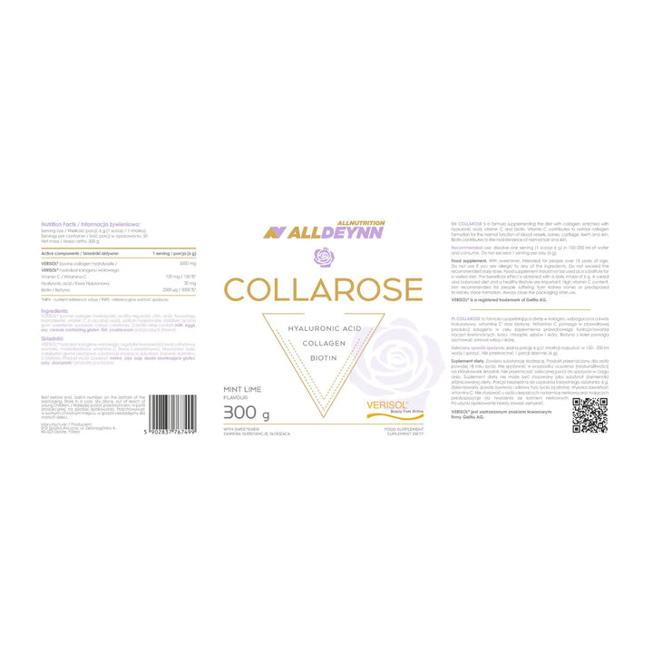 Bovine Collagen Powder – ALLDEYNN COLLAROSE label 300g with ingredients and active ingredients