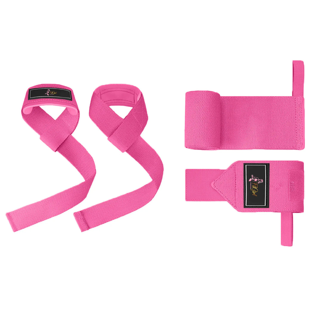 FitGirl combi pack with wrist wraps and lifting straps in neon pink for strength training, sold on Nutriworld.eu
