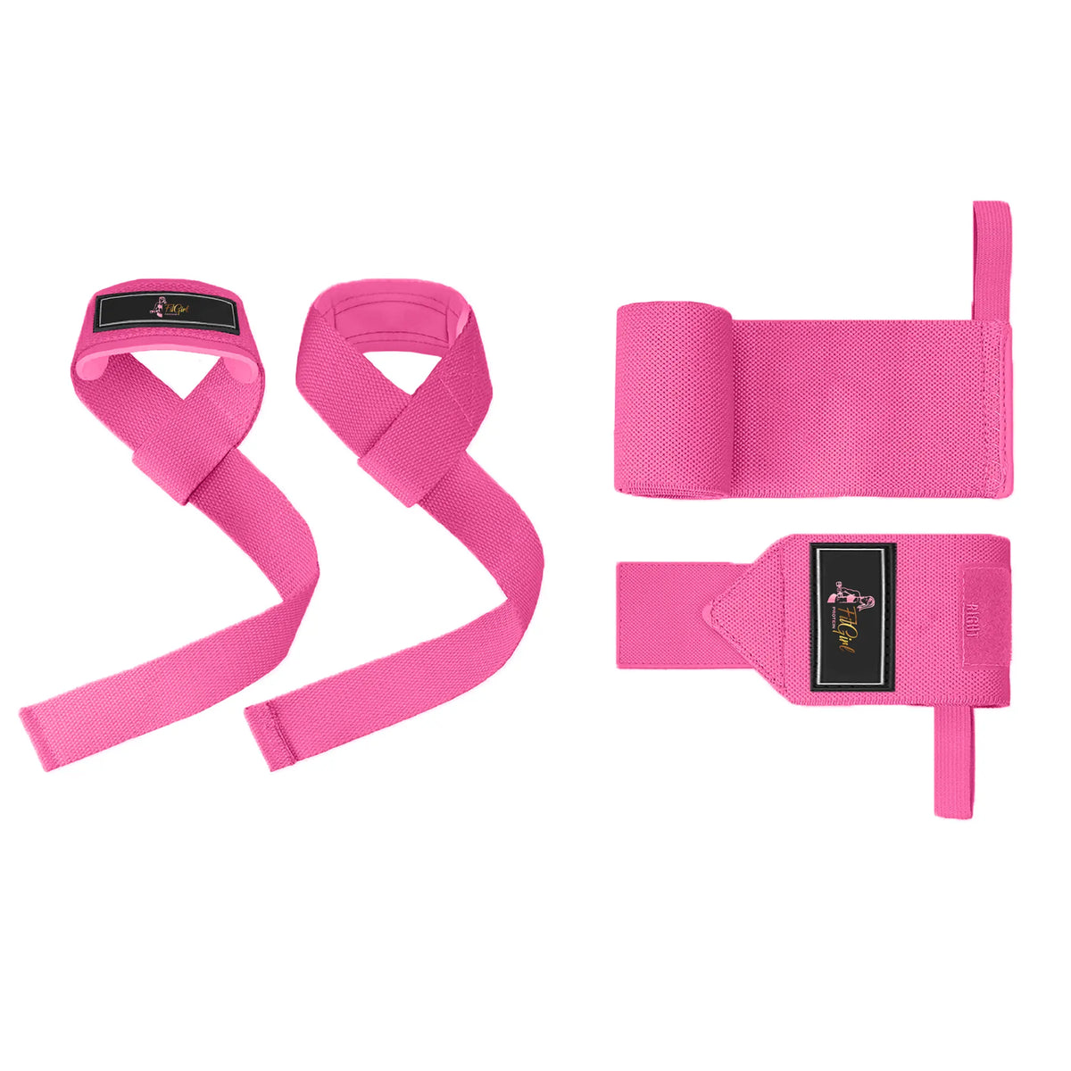 FitGirl combi pack with wrist wraps and lifting straps in neon pink for strength training, sold on Nutriworld.eu
