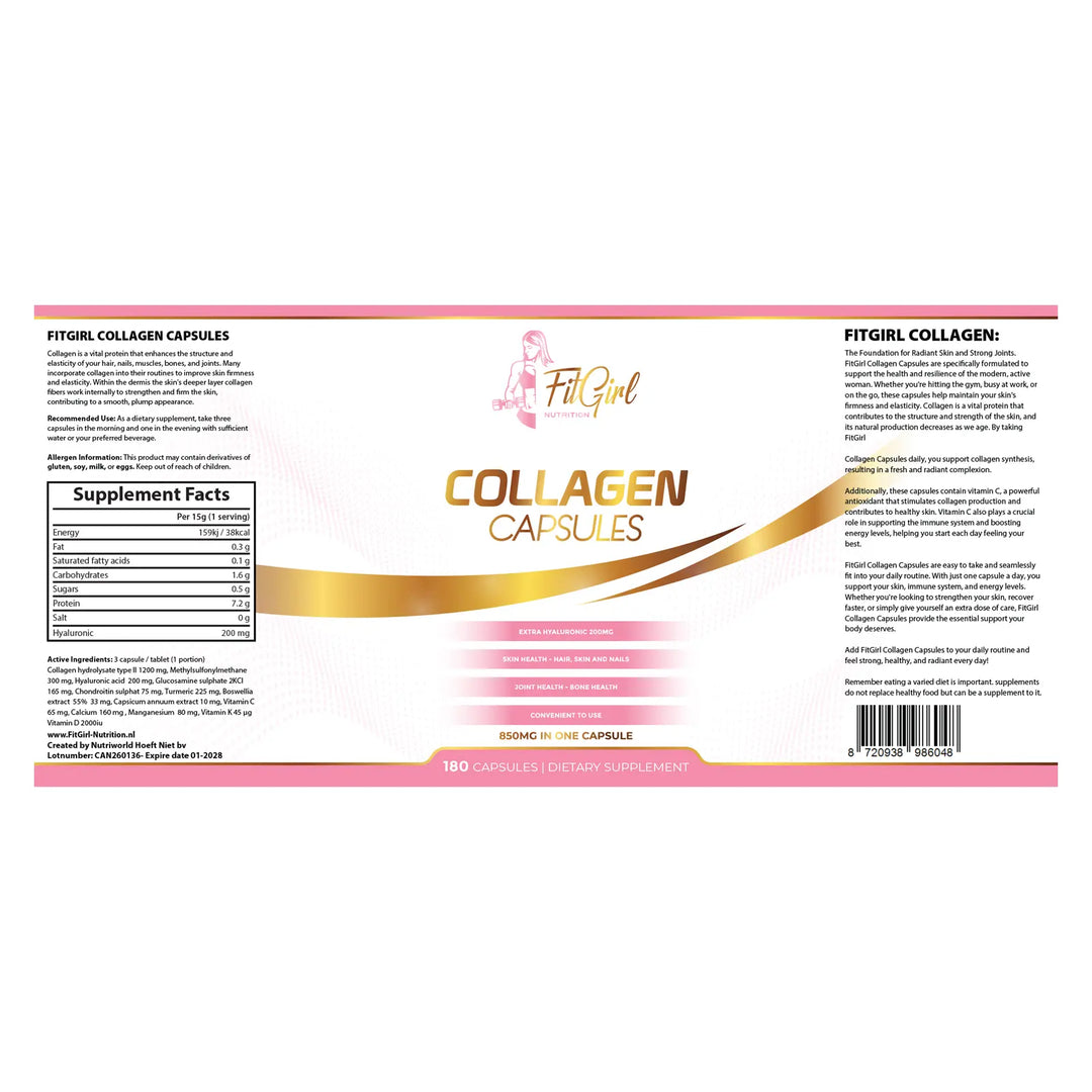 Bovine Collagen Capsules FitGirl Nutrition label-180 Caps Vitamin C