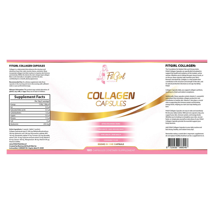 Bovine Collagen Capsules FitGirl Nutrition label-180 Caps Vitamin C
