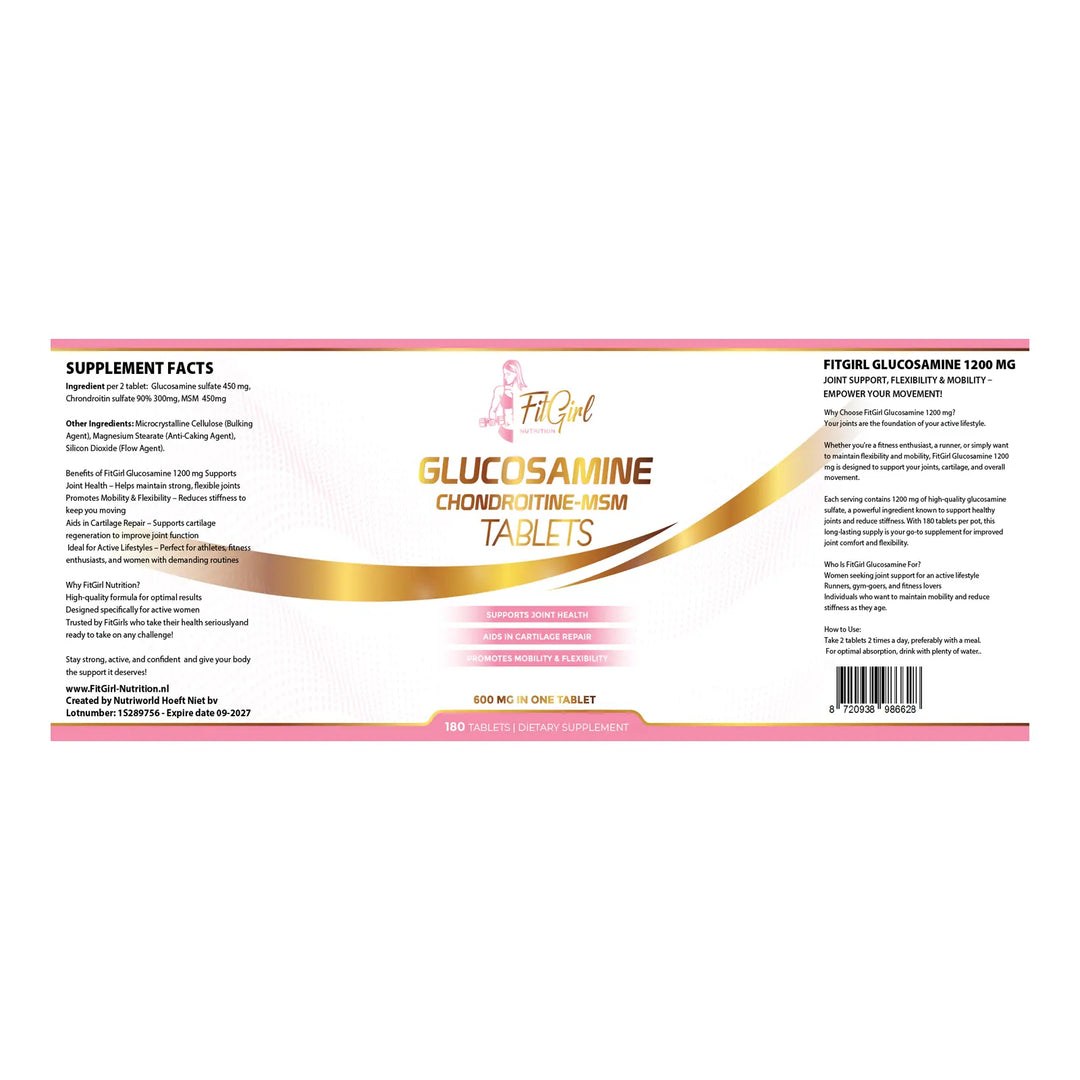 Glucosamine Tablets FitGirl chondroitin and MSM ingredient label 2 × 180 tablets