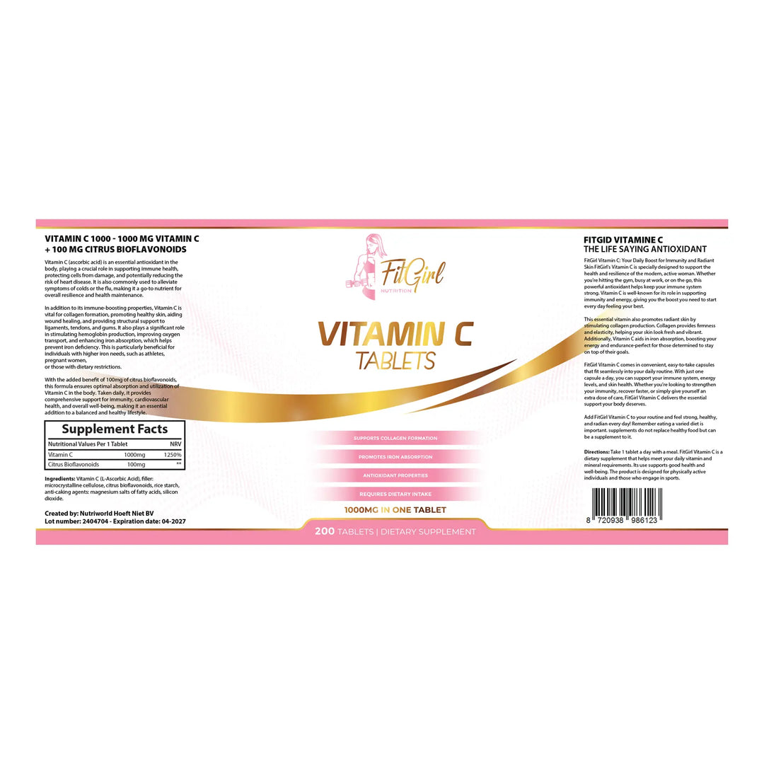 FitGirl Nutrition Vitamin C 1000 mg + Bioflavonoide – 200 Tabletten | 200 Portionen | Unterstützung für Immunsystem & Kollagenbildung