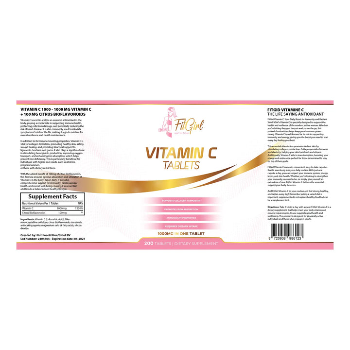 FitGirl Nutrition Vitamin C 1000 mg + Bioflavonoide – 200 Tabletten | 200 Portionen | Unterstützung für Immunsystem & Kollagenbildung
