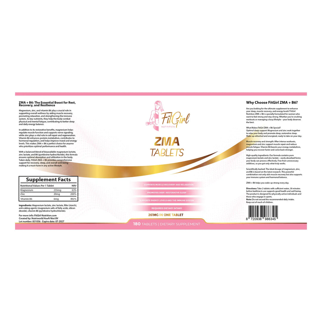 ZMA Tablets FitGirl Nutrition label 180 Tablets Magnesium Zinc Vitamin B6