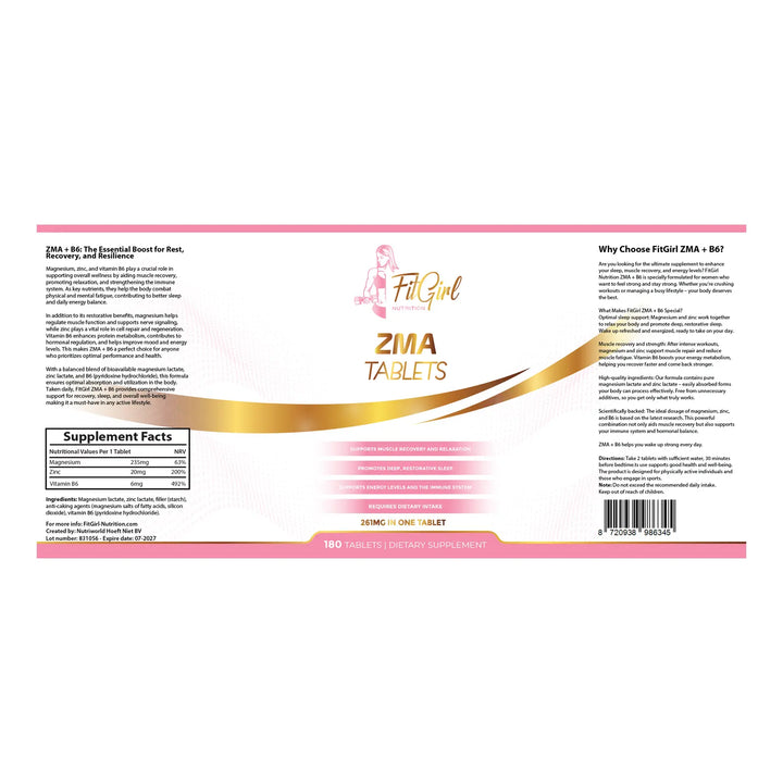 ZMA Tablets FitGirl Nutrition label 180 Tablets Magnesium Zinc Vitamin B6