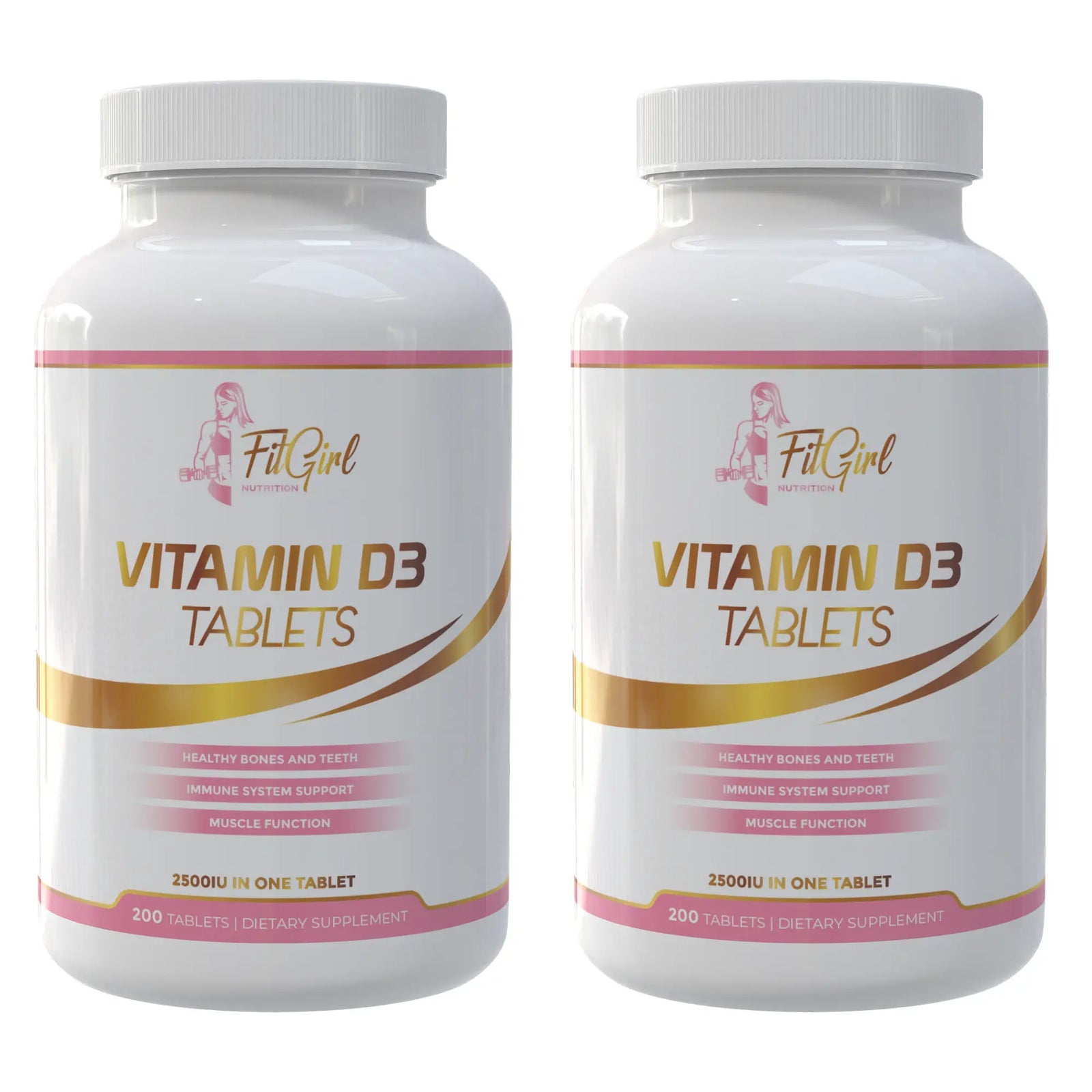 FitGirl Vitamin D3 2500 IU twin pack with two bottles of 200 tablets
