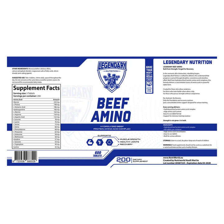 Legendary Nutrition Beef Amino supplement label with amino acid information