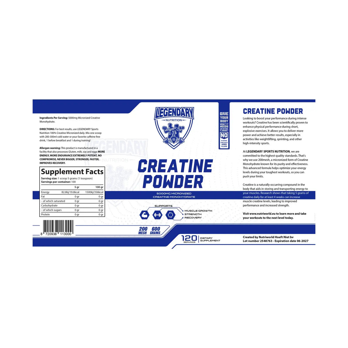 Legendary Creatine Monohydraat 600g 200 mesh label