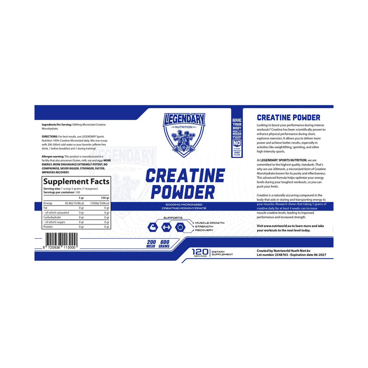 Legendary Creatine Monohydraat 600g 200 mesh label