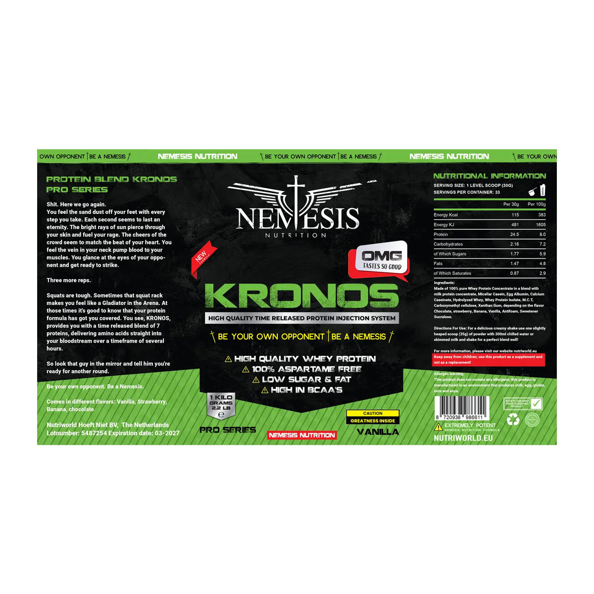 Whey Protein Blend Nemesis KRONOS Vanilla nutrition and ingredient label 1kg