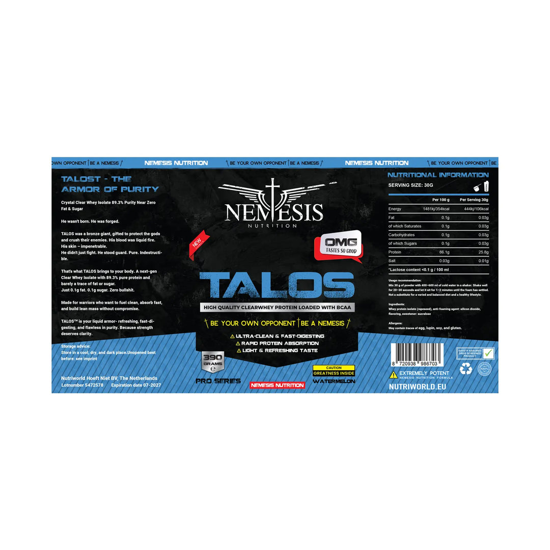 Nemesis Nutrition Talos clear whey label 390g verpakking