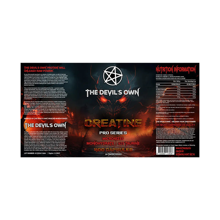 Creatine and Taurine Capsules – The Devil's Own label 400 capsules with supplement facts