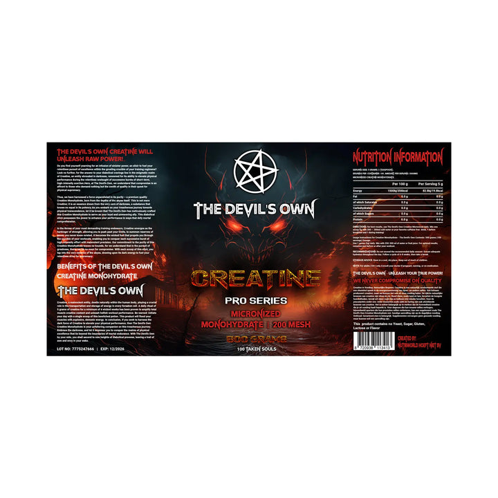 Creatine Monohydrate Powder – The Devil's Own label 500g with supplement facts