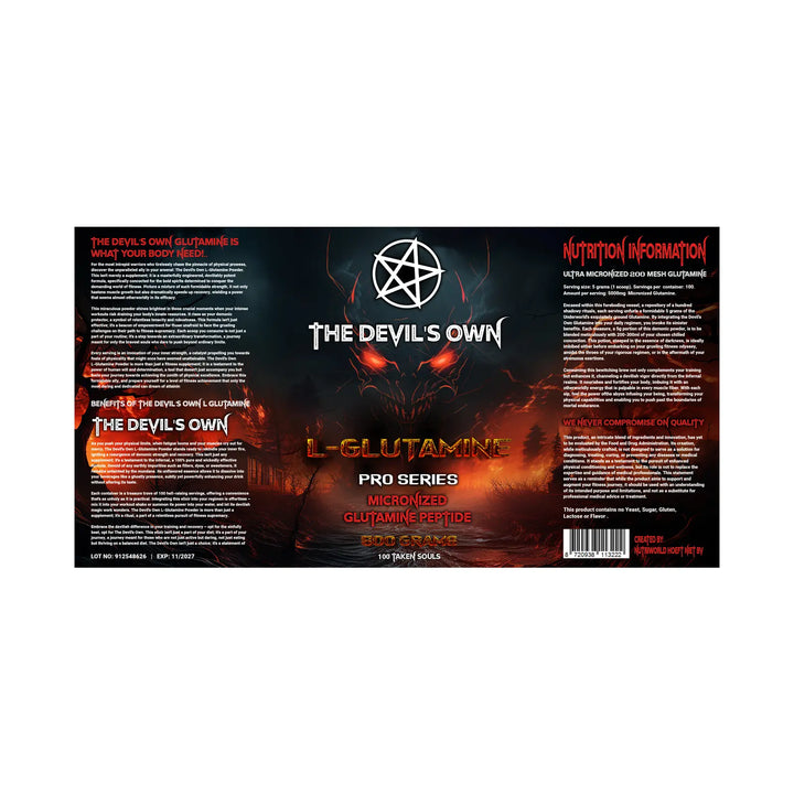 L-Glutamine Powder The Devil's Own label 500g with supplement facts