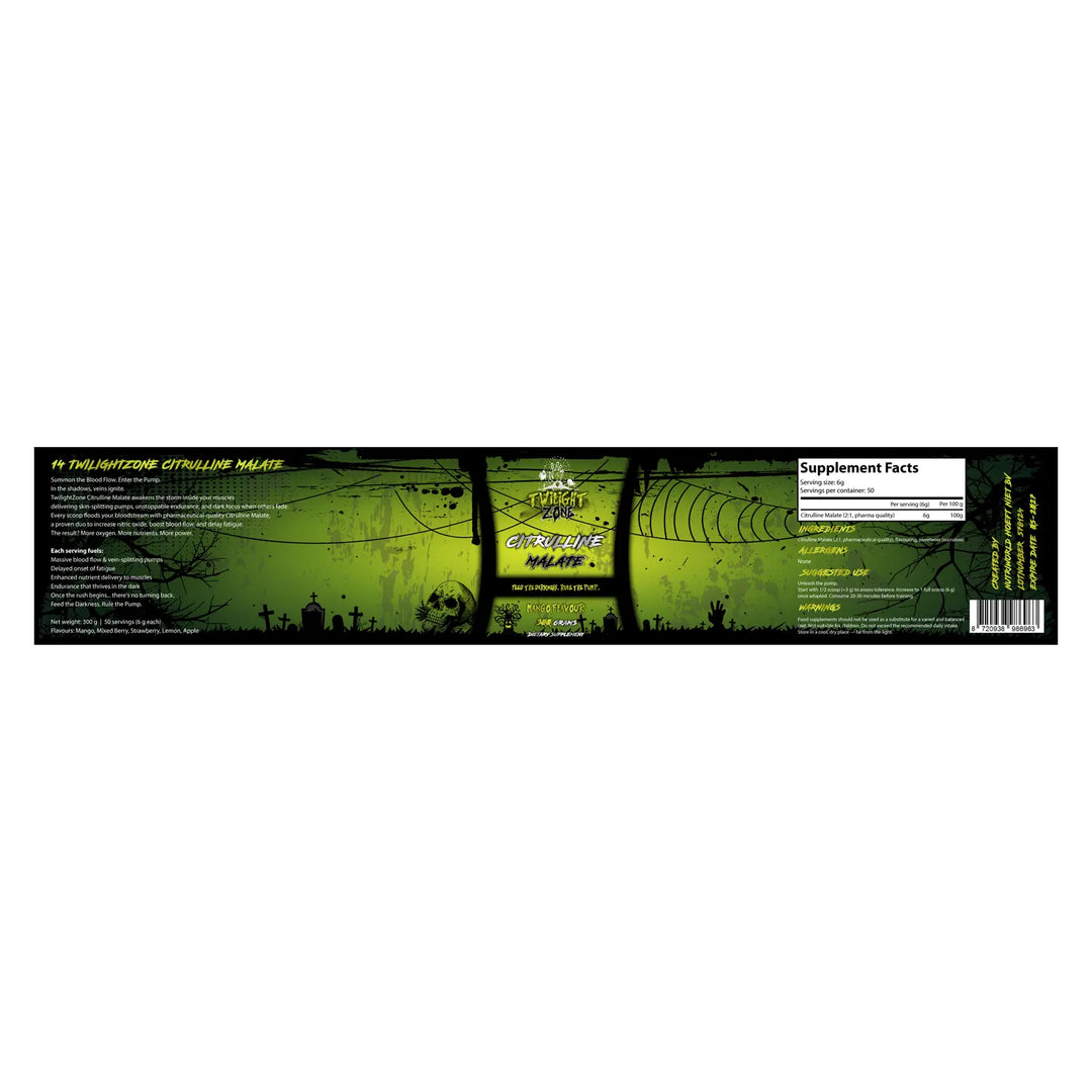 TwilightZone Citrulline Malate supplement label with ingredients and nutritional values