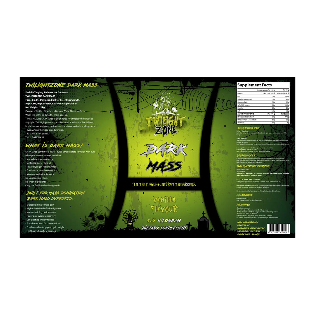 TwilightZone Dark Mass supplement label with ingredients and nutritional values