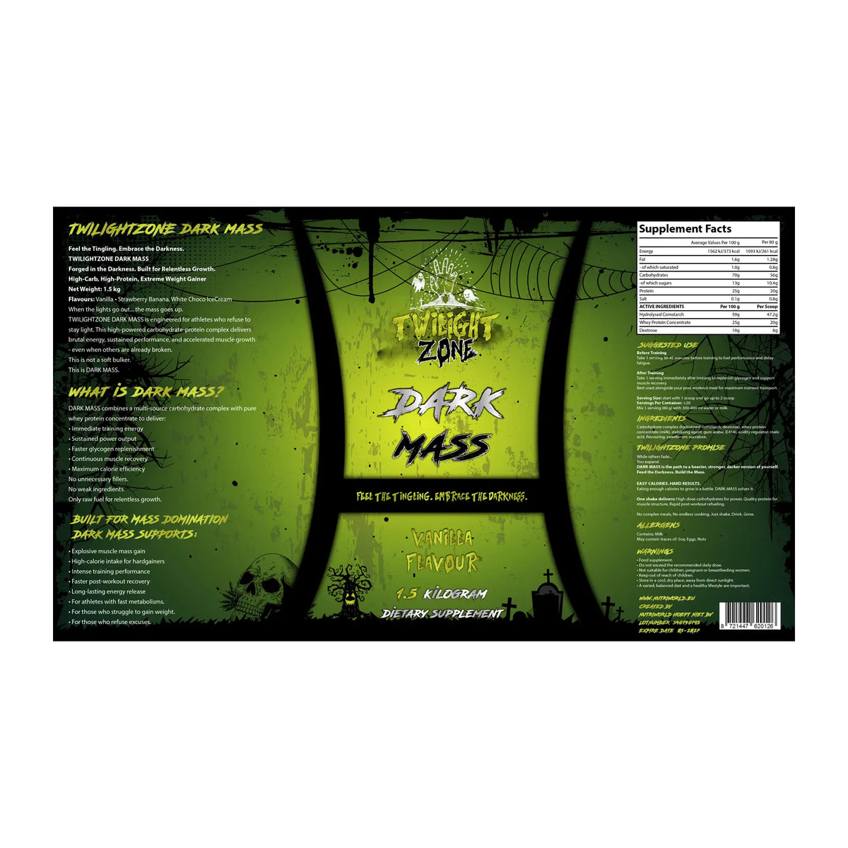 Weight Gainer Powder TwilightZone Dark Mass nutritional information label