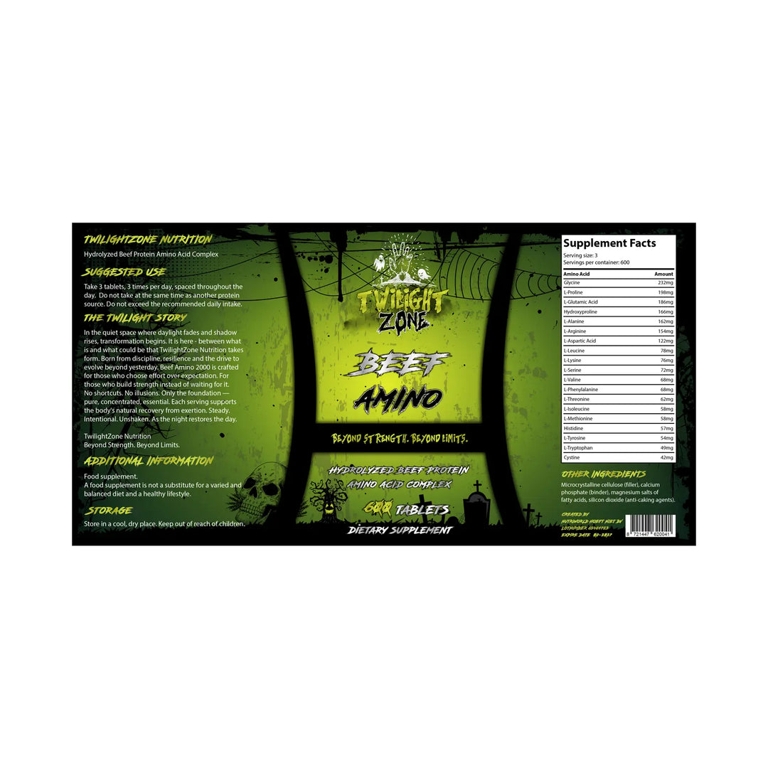 TwilightZone Nutrition Beef Amino 2000 600 tabletten label ingrediëntinformatie