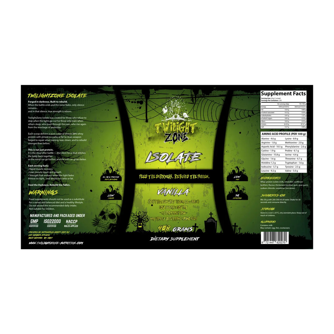 TwilightZone Isolate Protein supplement label with nutritional information
